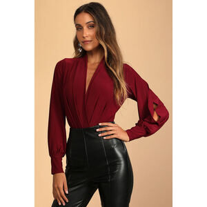 Lulus Friday Feeling Burgundy Long Sleeve Bodysuit Red - Size M